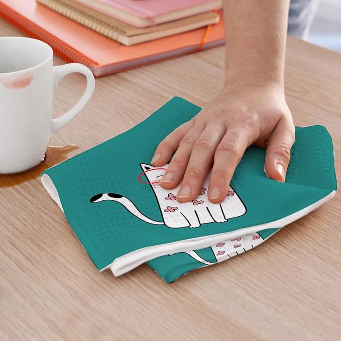 2PCS Cute Cat Kitchen Towels, Cat Themed Gifts Reusable Absorbent Waffle Weave - Image 5