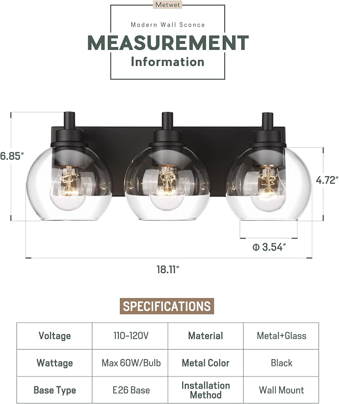 Bathroom Light Fixtures, 3-Light Matte Black Vanity Light, Modern Wall Sconces - Image 2