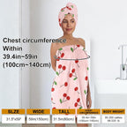 Women's Cherry Print Towel Wrap and Hair Drying Cap Set – Cute Pink Microfiber - Image 3