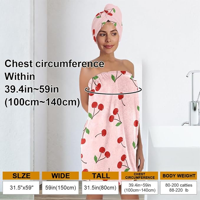 Women's Cherry Print Towel Wrap and Hair Drying Cap Set – Cute Pink Microfiber - Image 3