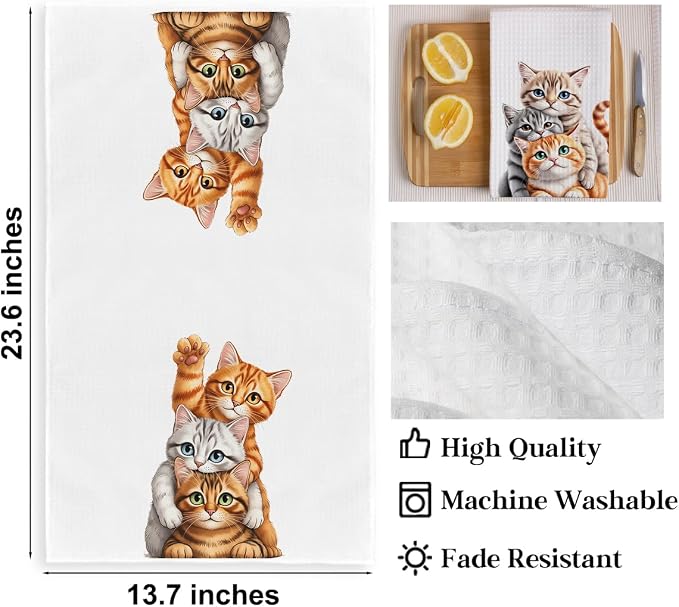 2PCS Cute Cat Kitchen Towels, Cat Themed Gifts Reusable Absorbent Waffle Weave - Image 2