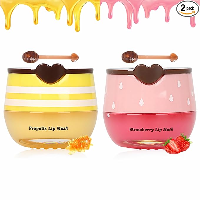 2 PCS Bee Lip Balm Lip Mask Honey Pot, Honey & Strawberry Lip Mask Propolis by Deepmind