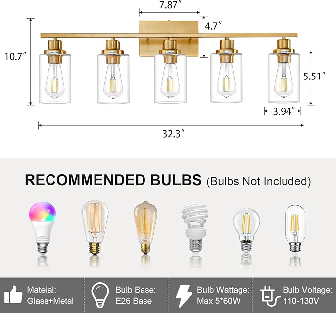 5 Light Gold Bathroom Light Fixtures Brushed Brass Vanity Light Over Mirror - Image 3