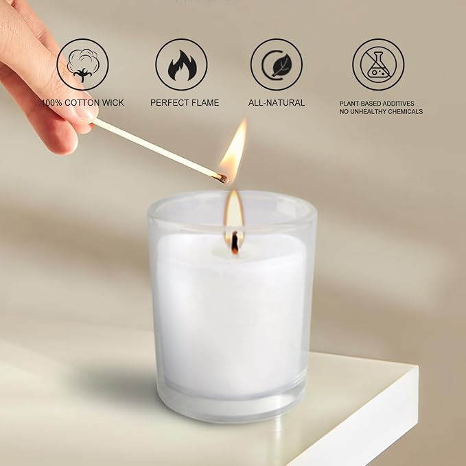 48 Pack Warm White Unscented Clear Glass Filled Votive Candles. Hand Poured Wax - Image 4