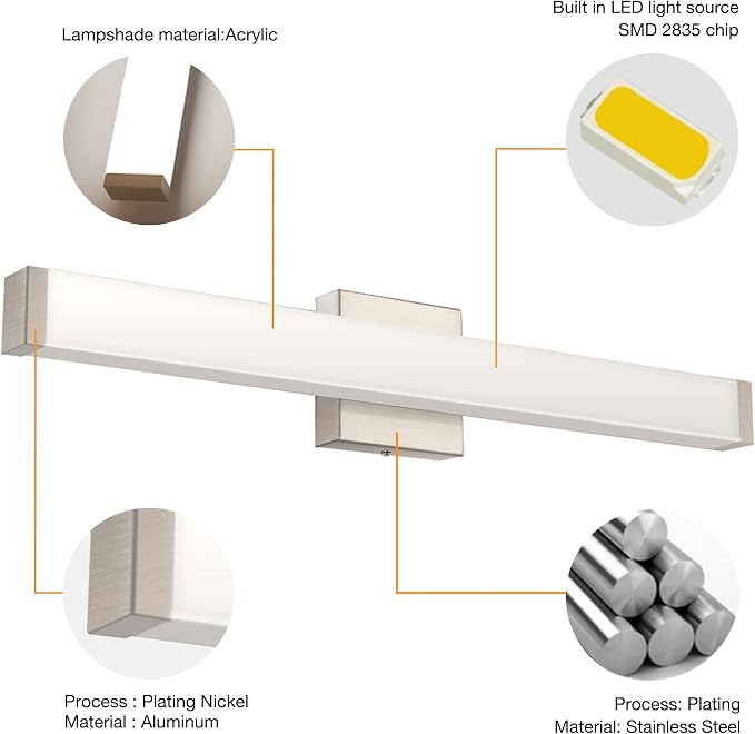 LED Bathroom Vanity Light Fixtures 33.5in Brushed Nickel, Dimmable18W 4000K - Image 4