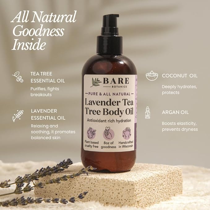 BARE BOTANICS 8 oz Moisturizing Lavender Tea Tree Body Oil - Image 3