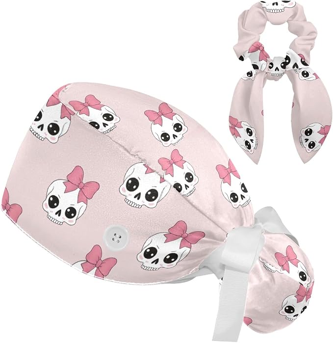 Scrub Caps Women Ponytail Cute Pink and White Leaves Caps Bouffant Working Hat by Unknown