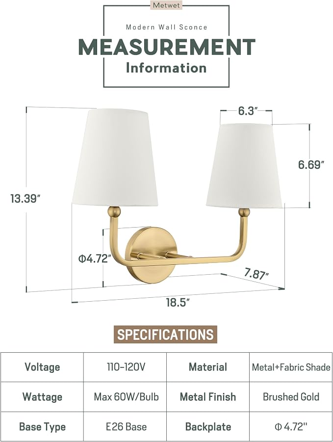 2 Light Bathroom Light Fixtures, Brushed Gold Vanity Lights, Double Wall Sconce - Image 3