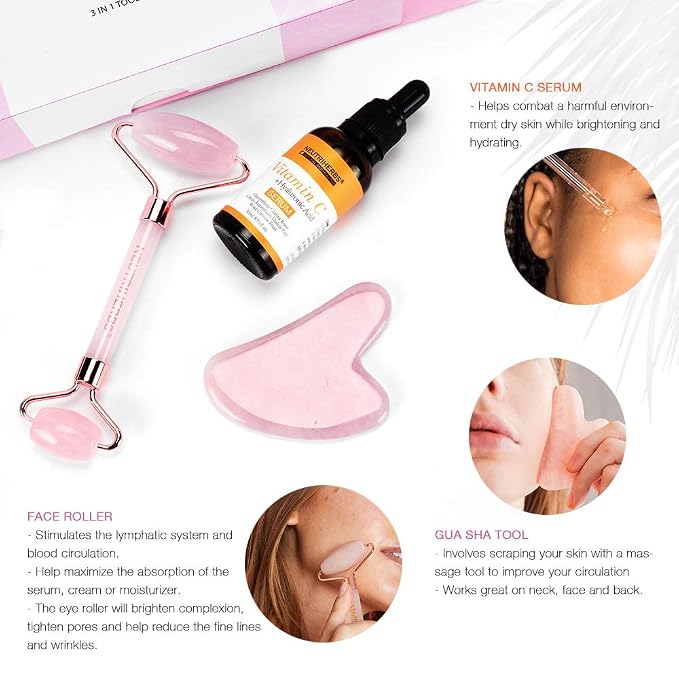 NEUTRIHERBS Jade Gua Sha & Face Roller & Vitamin C Serum Facial Tool Set - Image 3