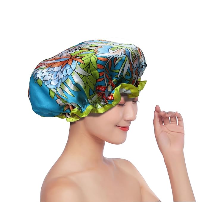 Shower Cap for Women Reusable Waterproof Shower Hat Adjustable Double Layer - Image 4