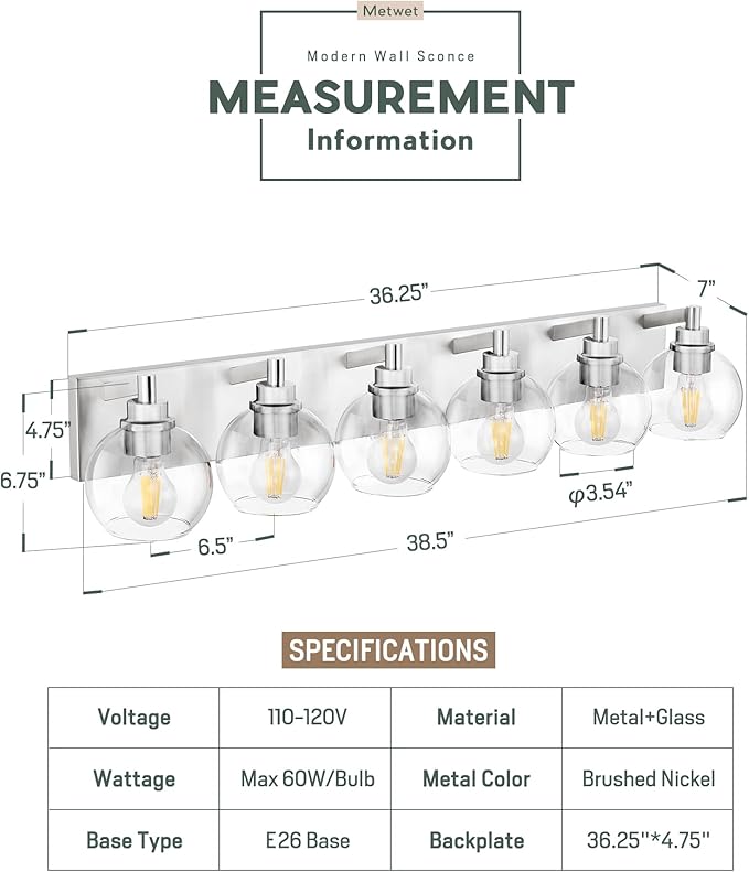 Bathroom Light Fixtures, 6 Light Brushed Nickel Vanity Light, 38 Inch Modern - Image 2