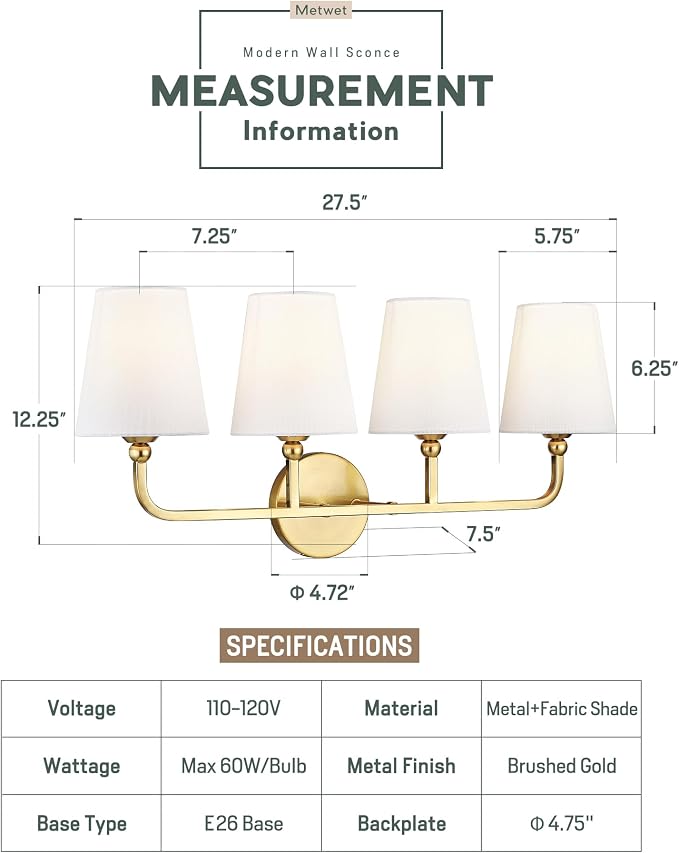Bathroom Light Fixtures, 4 Light Brushed Gold Vanity Lights - Image 3