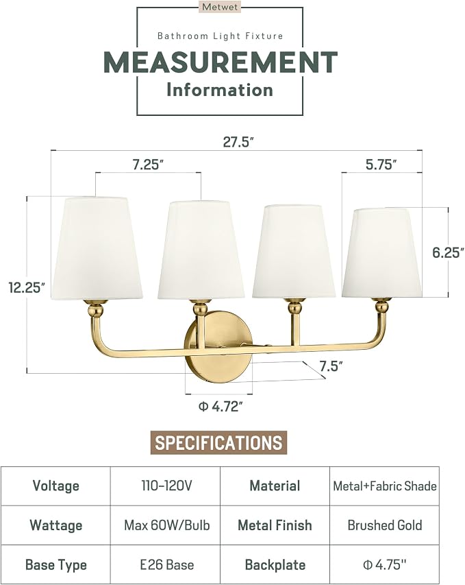 4-Light Bathroom Light Fixtures, Brushed Gold Vanity Lights - Image 3