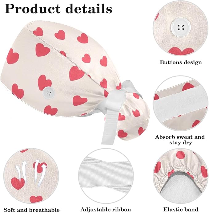 Scrub Caps Women Ponytail Cute Pink and White Leaves Caps Bouffant Working Hat - Image 4
