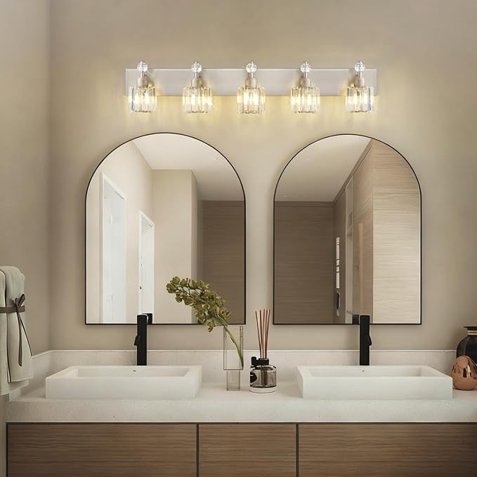 PRESDE Modern Crystal 5-Light Bathroom Light Fixtures Brushed Nickel Vanity - Image 2