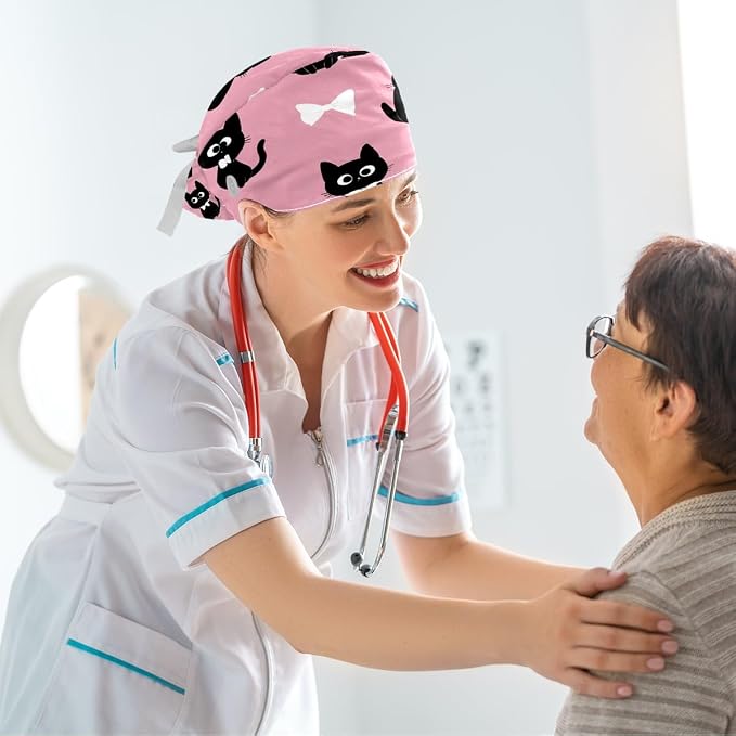 Scrub Caps Women Ponytail Cute Pink and White Leaves Caps Bouffant Working Hat - Image 6