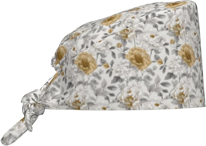 Scrub Cap for Women and Men Boho Black Leaf Pattern Adjustable Breathable by SUPLUCHOM
