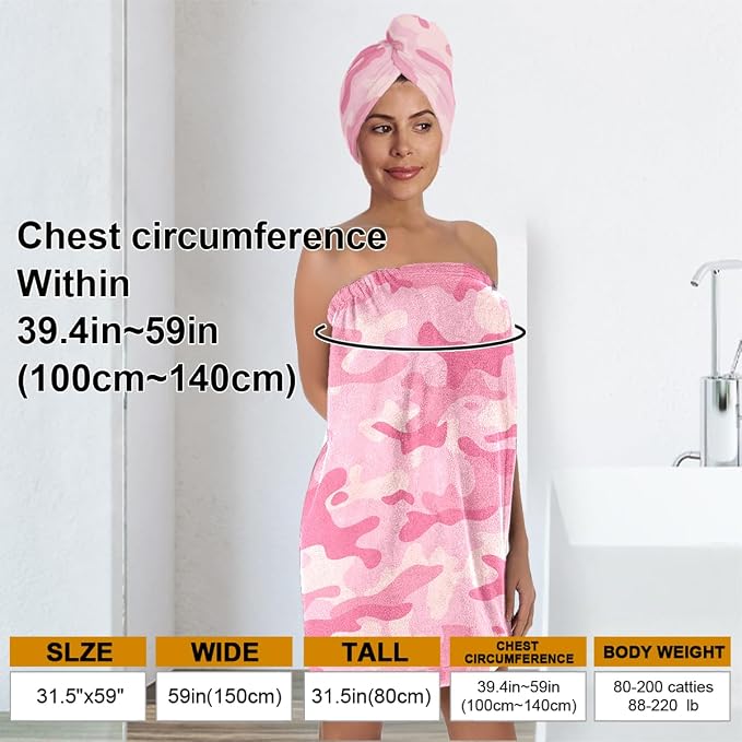 Women's Pink Camo Towel Wrap and Hair Drying Cap Set – Quick Dry Microfiber - Image 3