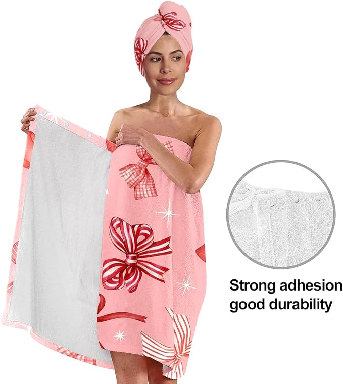 Pink Bow Bath Wrap and Hair Drying Cap Set – Soft Quick Dry Shower Skirt - Image 4
