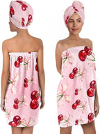 Women's Cherry Bow Shower Wrap and Hair Towel Set – Pink Quick Dry Microfiber by QIULIBMH