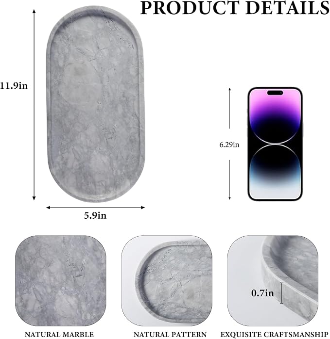 Koville Grey Marble Tray for Bathroom Countertop, Stone Catchall Trays for - Image 2