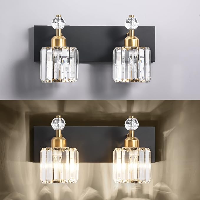 PRESDE 2-Crystal Bathroom Vanity Light Modern Black and Gold Bathroom Lights - Image 7