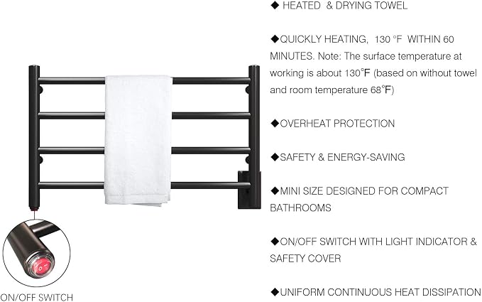HEATGENE Towel Warmer 4 Bar Towel Dryer Wall-Mounted Plug-in Bath Towel Heater - Image 6