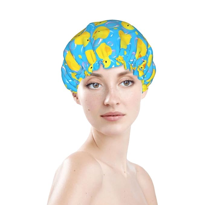 Yellow Rubber Ducks Shower Cap For Women Adjustable Double Waterproof Layers - Image 3