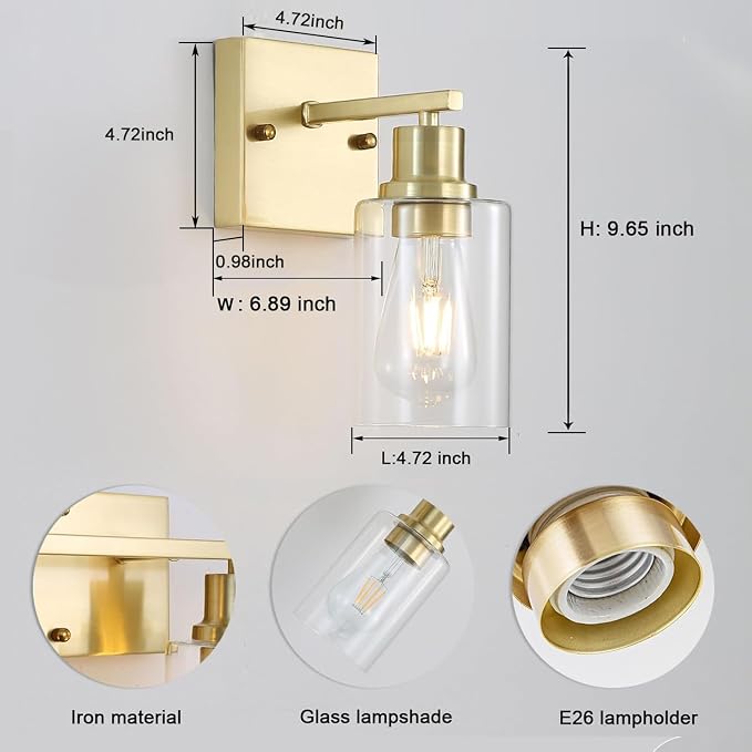 1-Lights Gold Bathroom Light Fixture, Brushed Brass Vanity Light - Image 2