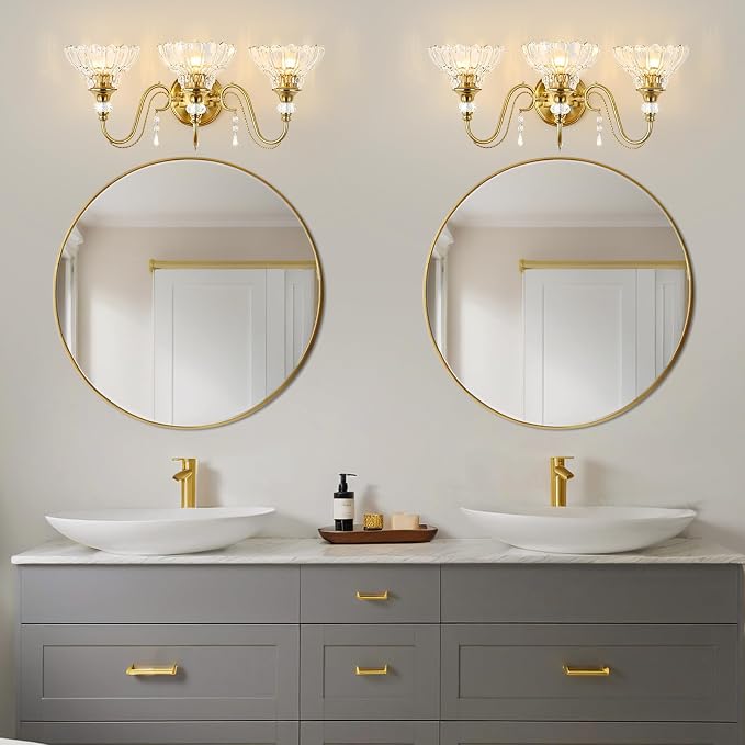 Vintage Bathroom Vanity Light, 3-Light Brushed Gold Finish Wall Sconce - Image 2