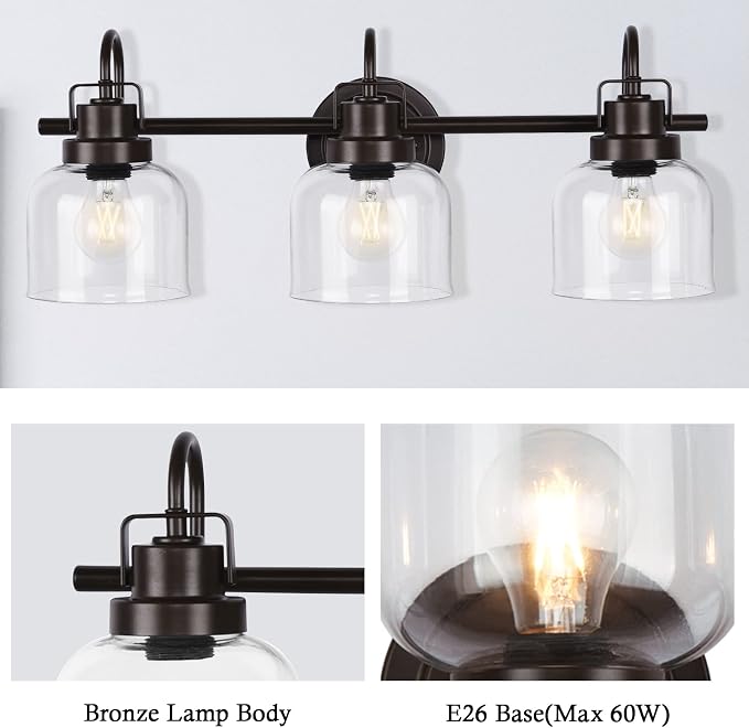 Bronze Bathroom Vanity Lights, 3-Light Vanity Light Fixtures - Image 2