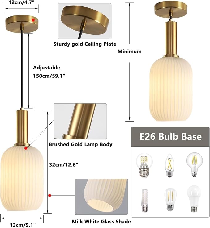 KCO Lighting Modern White Ribbed Pendant Light Small 1-Light Milk Glass Kitchen - Image 2