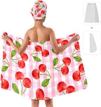 Cherry Bath Wrap with Hair Turban – Pink Check Microfiber Shower Skirt and - Image 2