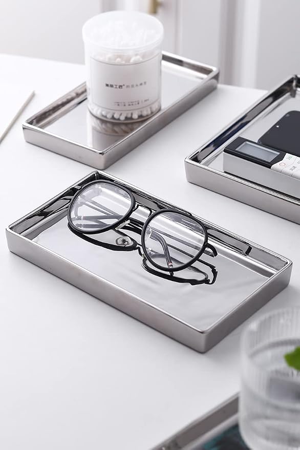 Jewelry Holder Ceramic Trinket Tray Rectangte Vanity Makeup Mirror Tray Silvery - Image 7