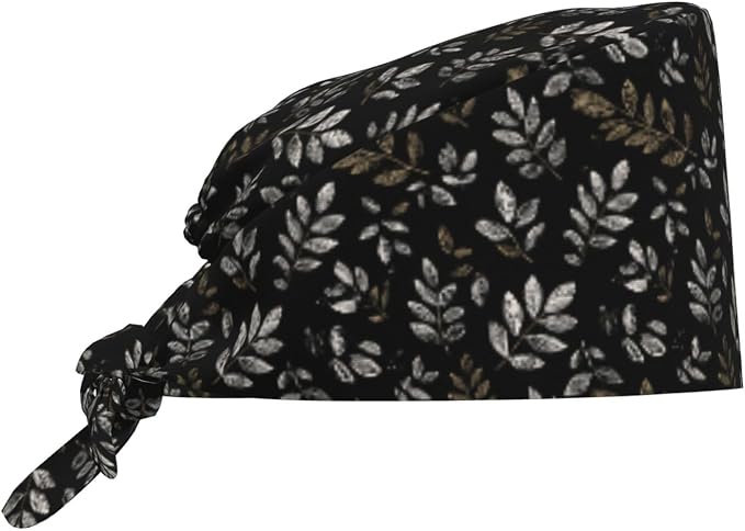 Scrub Cap for Women and Men Boho Black Leaf Pattern Adjustable Breathable by SUPLUCHOM