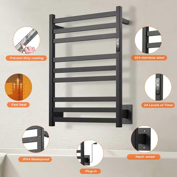 9-Bar Towel Warmer, Wall-Mounted Electric Heated Rack - Image 6