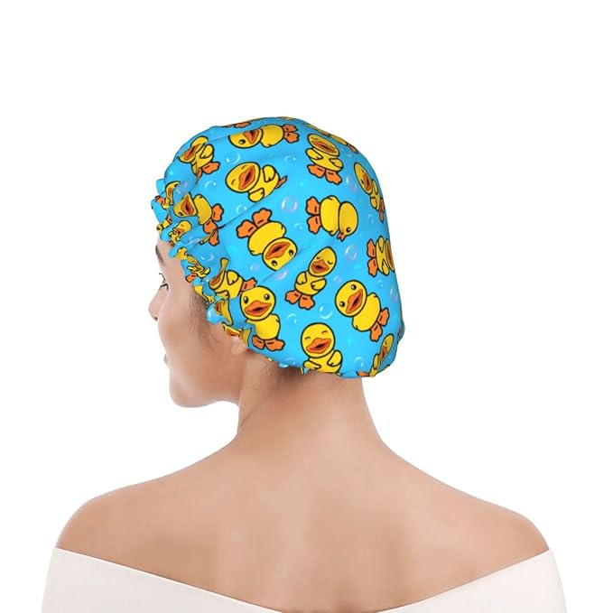 Yellow Rubber Duck Shower Cap For Women Adjustable Double Waterproof Layers - Image 4