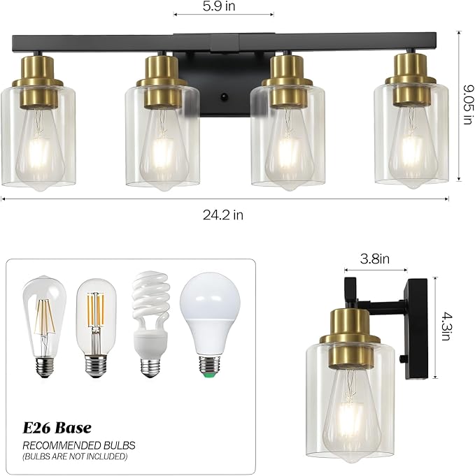 Bathroom Vanity Light, 4-Light Black and Gold Bathroom Light Fixtures - Image 3