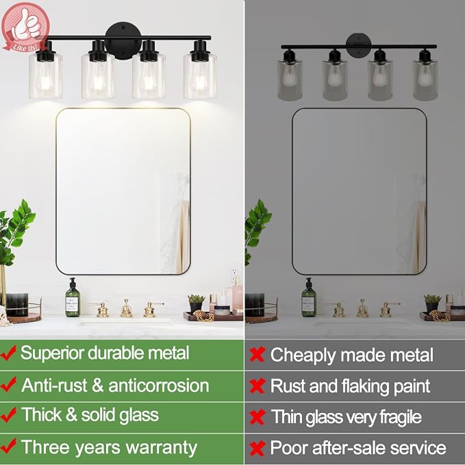 4-Light Bathroom Light Fixtures, Matte Black Modern Vanity Lights Over Mirror - Image 3