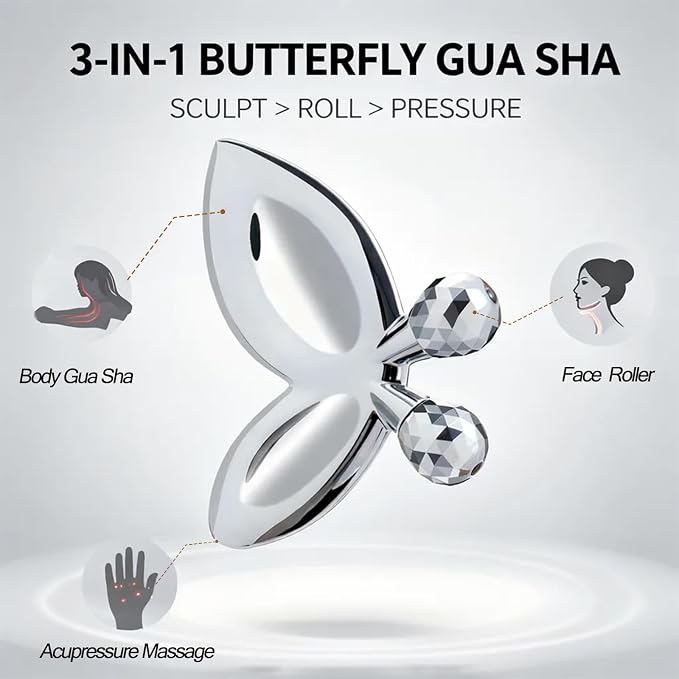 Stainless Steel Gua Sha Facial Tools, 3D Butterfly Facial Roller - Image 2