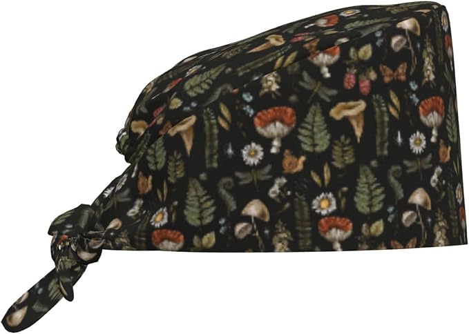 Scrub Cap for Women and Men Boho Black Leaf Pattern Adjustable Breathable by SUPLUCHOM