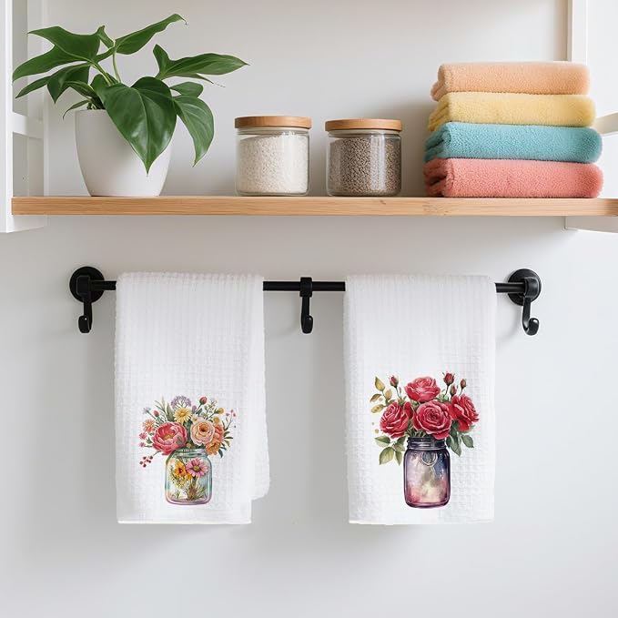 2PCS Watercolor Rose Kitchen Towels, Flower Vase Glass Waffle Weave Dish Tea - Image 4