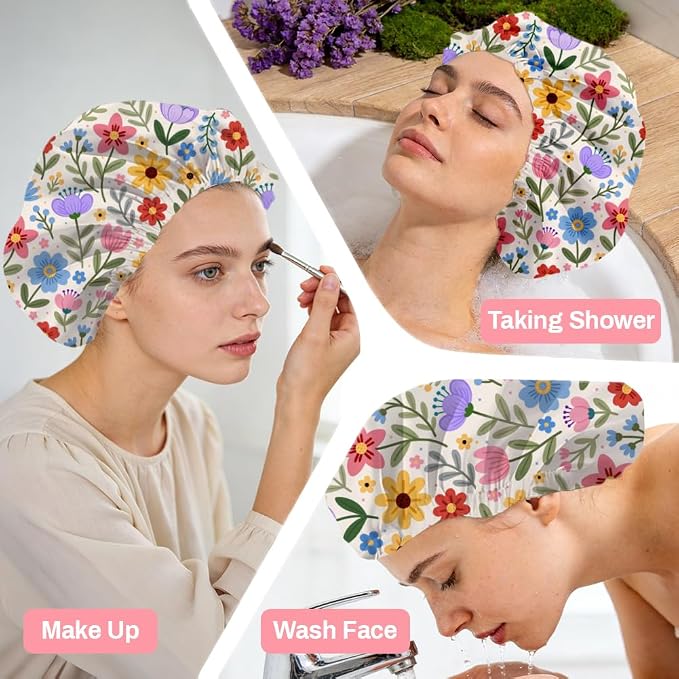 Bohemian Floral Patterns Reusable Shower Cap Cute Double Layer Waterproof - Image 6