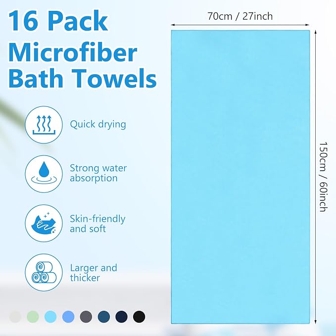SmoothNovelty 16 Pack Microfiber Bath Towels Bulk 27'' x 60'' Oversized Beach - Image 2