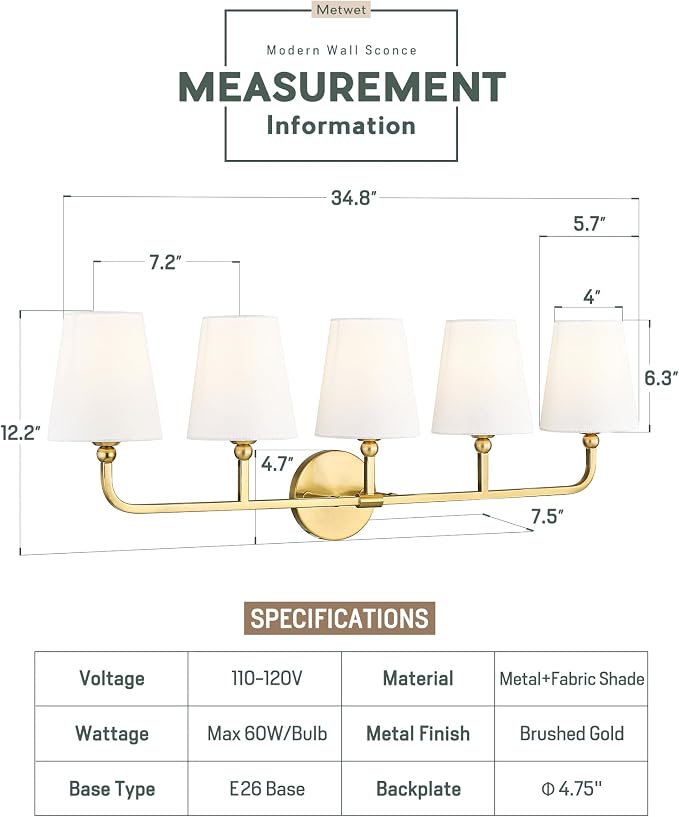 Bathroom Light Fixtures, 5 Light Brushed Gold Vanity Lights - Image 3
