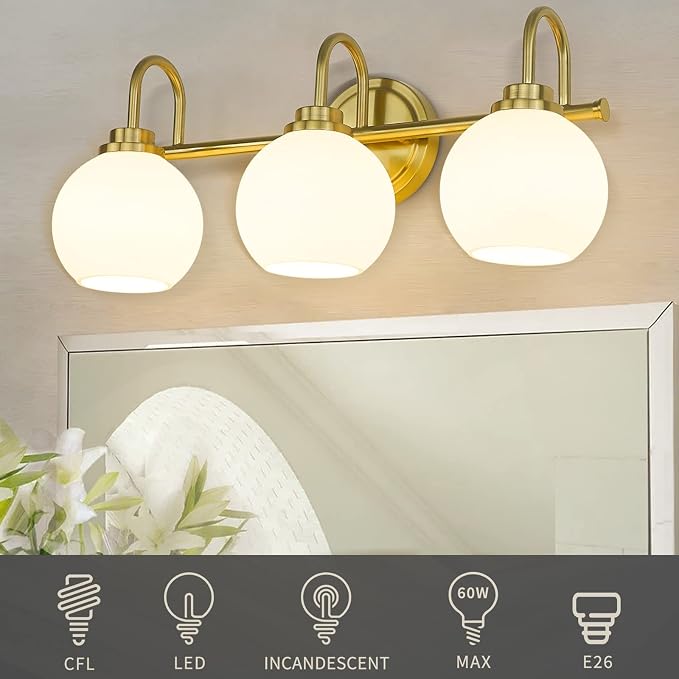 AKEZON Bathroom Light Fixtures 3-Light Brushed Gold Vanity Light, Modern - Image 3