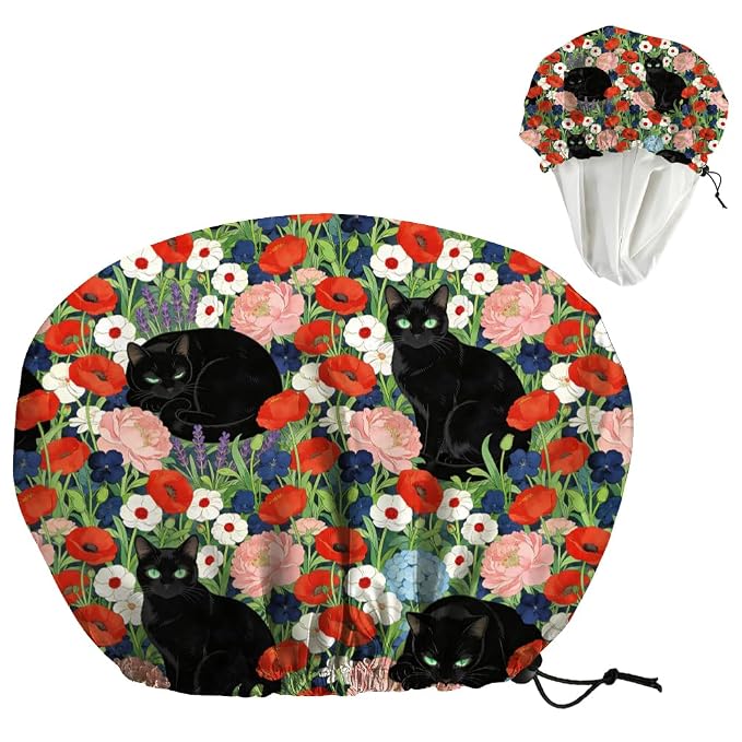 Black Cat Reusable Shower Cap Flower Double Layer Waterproof Shower Caps Large by DELORIGIN