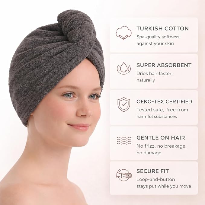 100% Turkish Cotton Hair Towel Wrap 2 Pack – Oeko-TEX Certified Quick Dry Turban - Image 3