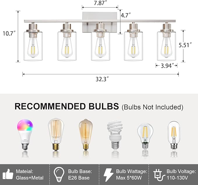5 Light Bathroom Light Fixtures Brushed Nickel Vanity Light Over Mirror Modern - Image 3