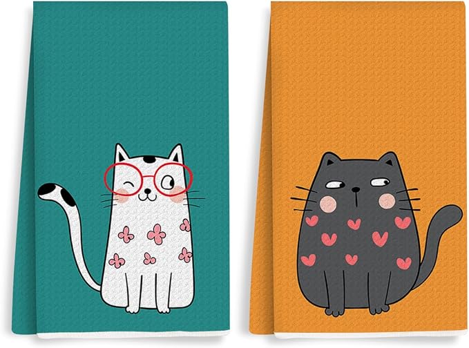 2PCS Cute Cat Kitchen Towels, Cat Themed Gifts Reusable Absorbent Waffle Weave by Unknown